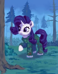 Size: 1172x1500 | Tagged: safe, artist:egn, derpibooru import, rarity, pony, atg 2017, camouflage, clothes, equestria daily exclusive, forest, newbie artist training grounds, raised hoof, solo, tree