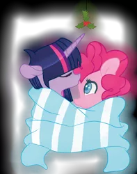 Size: 1024x1302 | Tagged: safe, artist:svetachan, derpibooru import, pinkie pie, twilight sparkle, twilight sparkle (alicorn), alicorn, pony, blanket, female, forehead kiss, holly, holly mistaken for mistletoe, lesbian, shipping, twinkie