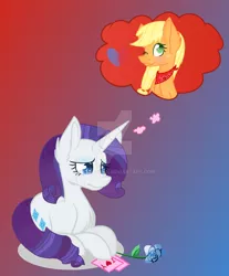 Size: 1024x1234 | Tagged: safe, artist:svetachan, derpibooru import, applejack, rarity, pony, crying, female, flower, lesbian, one eye closed, prone, rarijack, shipping, thought bubble, watermark, wink