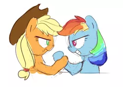 Size: 3507x2480 | Tagged: dead source, safe, artist:aemantaslim, derpibooru import, applejack, rainbow dash, pony, arm wrestling, atg 2017, duo, newbie artist training grounds, simple background, white background