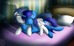 Size: 2700x1700 | Tagged: safe, artist:elmutanto, derpibooru import, oc, oc:delly, oc:graceful motion, unofficial characters only, pegasus, pony, unicorn, bed, cuddling, cute, eyes closed, female, grin, hug, mare, on bed, prone, shadow, smiling, winghug