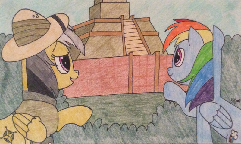 Size: 1024x615 | Tagged: safe, artist:iistarshineii, derpibooru import, daring do, rainbow dash, pony, adventure, atg 2017, bush, duo, newbie artist training grounds, temple, traditional art