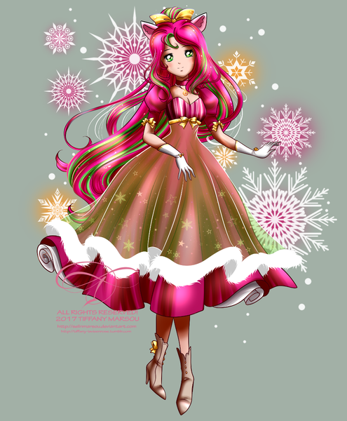 Size: 990x1200 | Tagged: artist:tiffanymarsou, clothes, commission, derpibooru import, dress, eared humanization, evening gloves, gloves, human, humanized, humanized oc, long gloves, looking at you, oc, oc:precious metal, safe, smiling, unofficial characters only