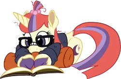 Size: 1267x824 | Tagged: safe, artist:hywther, derpibooru import, moondancer, pony, unicorn, atg 2017, book, clothes, cute, dancerbetes, female, glasses, mare, newbie artist training grounds, reading, simple background, smiling, solo, sweater, white background