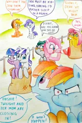 Size: 2128x3176 | Tagged: safe, artist:mustachedbain, derpibooru import, applejack, cloudy quartz, fluttershy, pinkie pie, posey shy, rainbow dash, rarity, twilight sparkle, twilight velvet, windy whistles, pony, atg 2017, dialogue, family, mane six, newbie artist training grounds, race, sack, traditional art