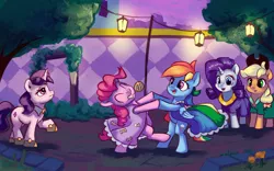 Size: 1500x938 | Tagged: safe, artist:egn, derpibooru import, applejack, pinkie pie, rainbow dash, rarity, pony, atg 2017, bipedal, clothes, dancing, dress, equestria daily exclusive, newbie artist training grounds, night, party