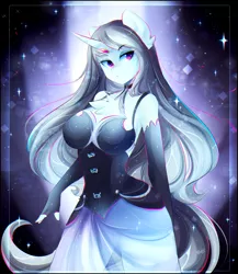 Size: 2005x2313 | Tagged: safe, artist:koveliana, derpibooru import, oc, oc:solus, unofficial characters only, anthro, unicorn, anthro oc, breasts, chest fluff, chromatic aberration, clothes, commission, dress, evening gloves, female, fingerless elbow gloves, fingerless gloves, gloves, long gloves, mare, smiling, solo, ych result