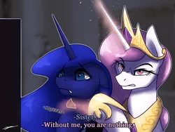 Size: 2000x1500 | Tagged: safe, artist:gasmaskfox, derpibooru import, princess celestia, princess luna, alicorn, pony, abuse, choking, crown, crying, female, floppy ears, house of cards, jewelry, lunabuse, mare, out of character, parody, pink-mane celestia, regalia, royal sisters, serious, serious face