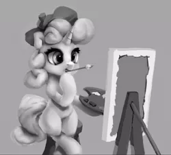 Size: 1012x916 | Tagged: safe, artist:egn, derpibooru import, sweetie belle, pony, unicorn, atg 2017, beret, cute, diasweetes, equestria daily exclusive, female, filly, grayscale, hat, monochrome, newbie artist training grounds, paintbrush, painting, palette, solo, thinking