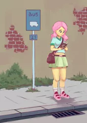 Size: 1061x1500 | Tagged: artist:egn, atg 2017, belt, bus stop, clothes, cute, derpibooru import, equestria daily exclusive, fluttershy, human, humanized, legs, midriff, newbie artist training grounds, reading, safe, shoes, short shirt, skirt, socks, solo