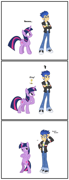 Size: 1580x4111 | Tagged: safe, artist:bbbhuey, derpibooru import, flash sentry, twilight sparkle, alicorn, pony, equestria girls, bipedal, comic, confused, crossed arms, cute, female, flashlight, funny, head scratch, horses doing human things, human flash sentry x pony twilight, idea, interspecies, male, pose, shipping, straight