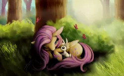 Size: 1200x740 | Tagged: safe, artist:zetamad, derpibooru import, angel bunny, fluttershy, butterfly, pony, atg 2017, blushing, cute, folded wings, forest, lying down, nature, newbie artist training grounds, one eye closed, scenery, shyabetes, tree
