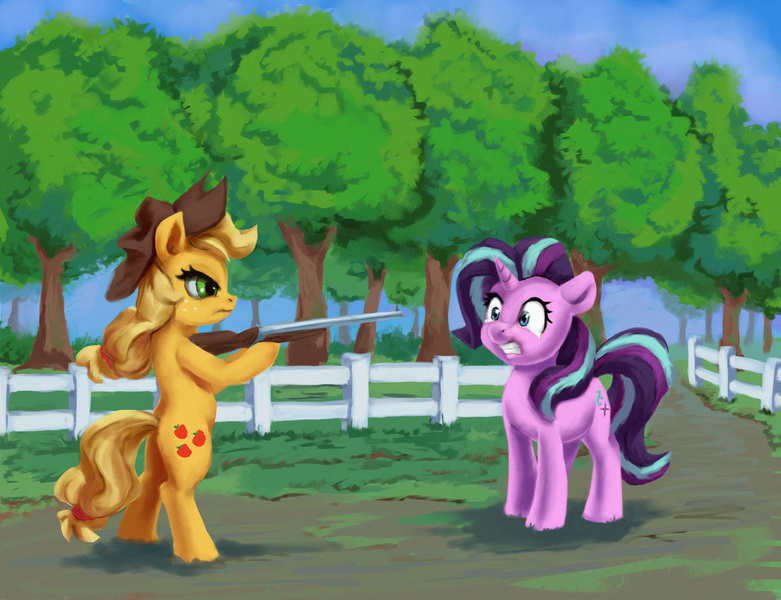 Size: 1500x1153 | Tagged: safe, artist:egn, derpibooru import, applejack, starlight glimmer, pony, atg 2017, bipedal, context is for the weak, double barreled shotgun, duo, equestria daily exclusive, fence, gun, hoof hold, newbie artist training grounds, shotgun, weapon