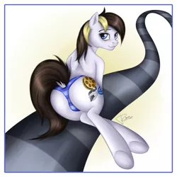 Size: 1700x1700 | Tagged: suggestive, artist:puggie, derpibooru import, oc, unofficial characters only, pony, ass, bedroom eyes, blue underwear, clothes, female, looking back, mare, panties, solo, solo female, striped underwear, underwear