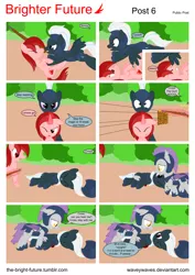 Size: 5656x8000 | Tagged: grimdark, artist:waveywaves, derpibooru import, oc, oc:crosswind, oc:mira bliss, oc:ruby rey, bat pony, pegasus, pony, unicorn, comic:brighter future, absurd resolution, blood, comic, fight, gun, injured, night guard, rifle, vector, weapon, wingblade