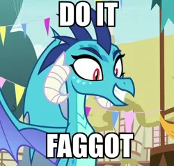 Size: 540x513 | Tagged: derpibooru import, do it, do it faggot, dragon, edit, edited screencap, female, grin, image macro, impact font, meme, princess ember, safe, screencap, smiling, solo, triple threat, vulgar