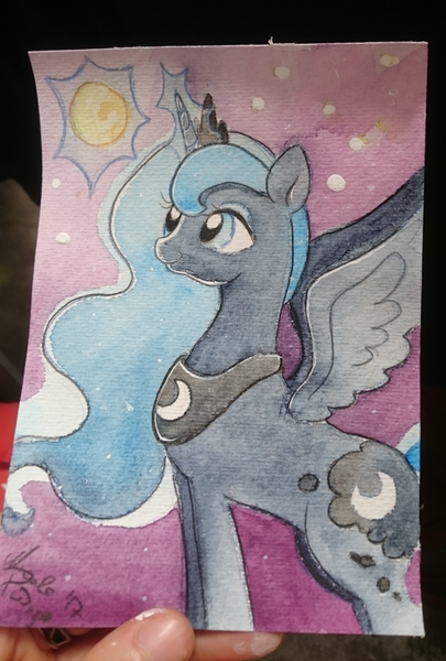 Size: 2046x3030 | Tagged: safe, artist:piripaints, derpibooru import, princess luna, alicorn, pony, aninite, aninite 2017, commission, convention, glowing horn, moon, photo, sky, solo, stars, traditional art, watercolor painting, wings