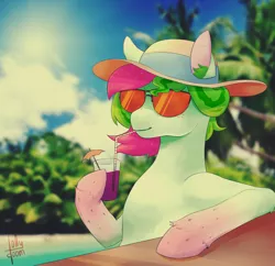 Size: 2228x2161 | Tagged: safe, artist:lollydoom, derpibooru import, oc, oc:watermelana, unofficial characters only, pony, beach, bust, drink, drinking straw, gradient hooves, hat, ocean, portrait, relaxing, solo, sun hat, sunglasses, ych result