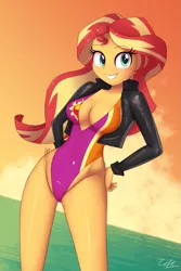 Size: 845x1267 | Tagged: safe, artist:zelc-face, derpibooru import, sunset shimmer, equestria girls, absolute cleavage, adorasexy, beach babe, beautiful, breasts, busty sunset shimmer, cleavage, clothes, cute, cutie mark swimsuit, female, high-cut clothing, jacket, leather jacket, one-piece swimsuit, purple swimsuit, sexy, shimmerbetes, sideboob, solo, stupid sexy sunset shimmer, sunset, swimsuit, tricolor swimsuit, water, zelc-face's swimsuits