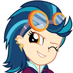 Size: 512x512 | Tagged: safe, artist:xebck, derpibooru import, indigo zap, derpibooru, equestria girls, friendship games, .svg available, derpibooru badge, ear piercing, earring, goggles, jewelry, meta, one eye closed, piercing, simple background, smiling, solo, svg, transparent background, vector, wink