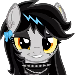 Size: 512x512 | Tagged: safe, artist:the smiling pony, derpibooru import, oc, oc:lightning dee, unofficial characters only, pegasus, pony, derpibooru, .svg available, black hair, bow, chains, choker, derpibooru badge, ear piercing, earring, hair bow, jewelry, meta, piercing, simple background, smiling, smirk, solo, spiked choker, svg, transparent background, vector
