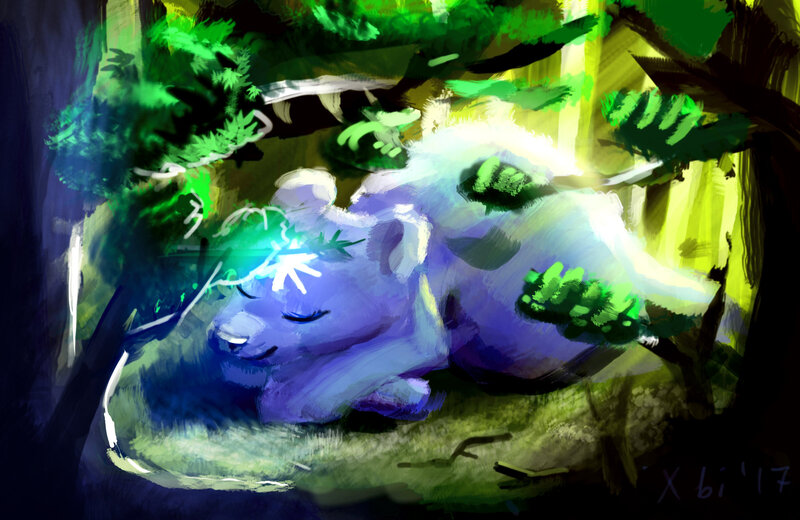 Size: 2000x1300 | Tagged: safe, artist:xbi, derpibooru import, pony, ursa minor, 30 minute art challenge, forest, sleeping, solo