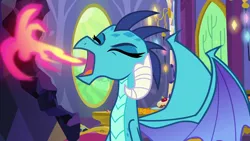 Size: 1280x720 | Tagged: burp, derpibooru import, dragon, dragoness, eyes closed, female, fire, fire breath, open mouth, pink fire, princess ember, safe, screencap, solo, triple threat, uncouth