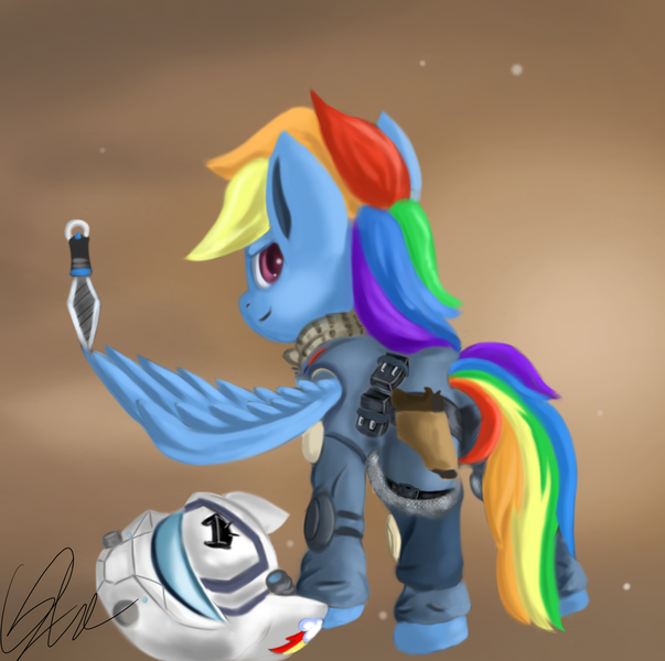 Size: 1827x1817 | Tagged: safe, artist:qbellas, derpibooru import, rainbow dash, pony, female, helmet, mare, solo, titanfall, wing hands, wing hold