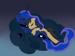 Size: 900x675 | Tagged: safe, artist:spitfire-fan, derpibooru import, princess luna, oc, oc:cogs fixmore, alicorn, earth pony, pony, canon x oc, cloud, cute, female, male, missing accessory, night, shipping, sky, sleeping, stars, straight