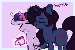 Size: 1500x1000 | Tagged: safe, artist:fashleylasagna, derpibooru import, twilight sparkle, twilight sparkle (alicorn), alicorn, pony, coffee, coffee mug, crossover, crossover shipping, fullmetal alchemist, homunculus, lust, lustlight, mug, shipping, smooch, tired