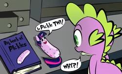 Size: 1146x697 | Tagged: artist:dan232323, book, derpibooru import, dragon, drawer, food transformation, pickle rick, pickle twi, rick and morty, safe, spike, table, transformation, twilight sparkle, twirick, what has science done, why, xk-class end-of-the-world scenario
