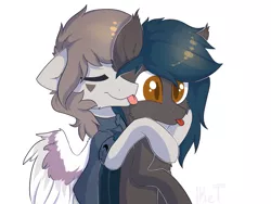 Size: 1600x1200 | Tagged: safe, artist:kebchach, derpibooru import, oc, oc:nuke, oc:speck, unofficial characters only, bat pony, pegasus, pony, female, hug, husband and wife, licking, male, married couple, married couples doing married things, speke, tongue out