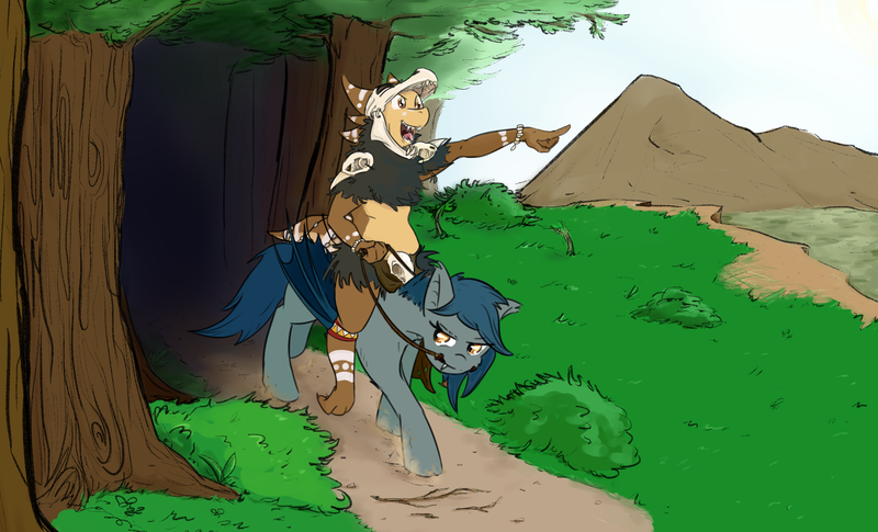 Size: 2000x1212 | Tagged: safe, artist:testostepone, derpibooru import, oc, oc:dirse, oc:speck, unofficial characters only, anthro, bat pony, kobold, pony, anthro with ponies, anthros riding ponies, bridle, duo, forest, mountain, reins, riding, tack