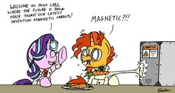 Size: 2331x1239 | Tagged: safe, artist:bobthedalek, derpibooru import, starlight glimmer, sunburst, pony, unicorn, carrot, clothes, dialogue, duo, eyes closed, food, lab coat, magnet, safety goggles, shrunken pupils, simple background, the muppet show, white background