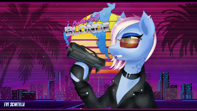 Size: 1920x1080 | Tagged: safe, artist:evescintilla, derpibooru import, oc, oc:eve scintilla, oc:plasmic snake, unofficial characters only, earth pony, pony, cigarette, city, clothes, collage, fingerless gloves, futuristic, gloves, gun, jacket, leather jacket, molecule, palm tree, photoshop, photoshop elements, piercing, retrowave, smoke, smoking, sunglasses, sunrise, synthwave, tattoo, text, tree, wallpaper, weapon