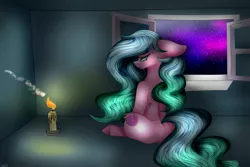 Size: 6000x4000 | Tagged: safe, artist:cat-chai, derpibooru import, oc, oc:sugar swirl, unofficial characters only, earth pony, pony, absurd resolution, candle, female, fire, indoors, mare, signature, sitting, solo, stars, window