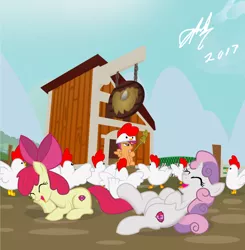 Size: 1600x1632 | Tagged: safe, artist:succubi samus, derpibooru import, apple bloom, scootaloo, sweetie belle, chicken, pony, bow, commission, cute, cutie mark, cutie mark crusaders, hat, laughing, scepter, scootachicken, scootaloo is not a chicken, scootaloo is not amused, show accurate, sky, the cmc's cutie marks, unamused