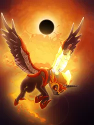 Size: 750x1000 | Tagged: safe, artist:slamjam, derpibooru import, daybreaker, alicorn, pony, awesome, eclipse, epic, female, fire, flying, majestic, mare, moon, solar eclipse, solo, sun