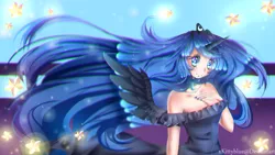 Size: 1920x1080 | Tagged: artist:xkittyblue, breasts, cleavage, clothes, crown, derpibooru import, female, horned humanization, human, humanized, jewelry, long hair, looking at you, princess luna, regalia, safe, smiling, solo, spread wings, strapless, wallpaper, winged humanization, wings