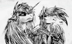 Size: 2835x1738 | Tagged: safe, artist:brainiac, derpibooru import, oc, oc:liftan drift, oc:piper, unofficial characters only, pegasus, pony, unicorn, fallout equestria, armor, black and white, bomber jacket, clothes, collar, evil grin, floppy ears, grayscale, grin, monochrome, raider, raider armor, smiling, spiked armor, traditional art, wing fluff