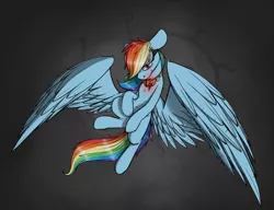 Size: 1500x1150 | Tagged: safe, artist:sinrar, derpibooru import, rainbow dash, pegasus, pony, fanfic:austraeoh, abstract background, element of loyalty, flying, goggles, misleading thumbnail, solo, spread wings, wings