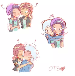 Size: 2099x2125 | Tagged: safe, artist:noahther, derpibooru import, starlight glimmer, sunset shimmer, trixie, equestria girls, beanie, clothes, counterparts, cute, eyes closed, female, hat, heart, human coloration, jacket, kissing, leather jacket, lesbian, one eye closed, otp, polyamory, shimmerglimmer, shipping, simple background, startrix, startrixset, suntrix, twilight's counterparts, vest, white background