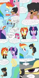 Size: 1600x3200 | Tagged: safe, artist:jake heritagu, derpibooru import, pinkie pie, princess celestia, rainbow dash, sunset shimmer, twilight sparkle, twilight sparkle (alicorn), oc, oc:hades, alicorn, pony, comic:ask motherly scootaloo, clothes, comic, men in black, movie reference