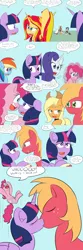 Size: 1600x4800 | Tagged: safe, artist:jake heritagu, derpibooru import, applejack, big macintosh, pinkie pie, rainbow dash, rarity, rumble, scootaloo, sunset shimmer, twilight sparkle, twilight sparkle (alicorn), oc, oc:lightning blitz, oc:sandy hooves, alicorn, pegasus, pony, comic:ask motherly scootaloo, baby, baby pony, blushing, clothes, colt, comic, cute, dialogue, dress, female, holding a pony, kissing, macabetes, male, meme, motherly scootaloo, offspring, older, older rumble, older scootaloo, parent:rain catcher, parent:scootaloo, parents:catcherloo, shipping, speech bubble, straight, twiabetes, twimac, x intensifies