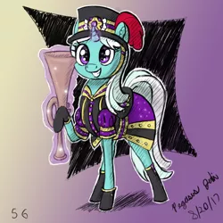 Size: 2000x2000 | Tagged: safe, artist:floofyfoxcomics, derpibooru import, cornetta, pony, unicorn, triple threat, background pony, clothes, cute, dress, female, glowing horn, hat, horn, levitation, magic, magic aura, mare, musical instrument, raised hoof, sketch, smiling, solo, telekinesis, trumpet, uniform