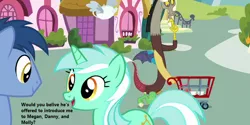 Size: 720x360 | Tagged: blues, cropped, derpibooru import, discord, discordant harmony, edit, edited screencap, female, g1, g1 to g4, generation leap, happy, implied danny, implied g1, implied megan, implied molly, lyra heartstrings, male, noteworthy, safe, screencap, shopping cart, straight, that pony sure does love humans