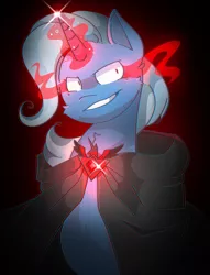 Size: 2226x2916 | Tagged: safe, artist:vanyllation, derpibooru import, trixie, pony, magic duel, alicorn amulet, cloak, clothes, evil grin, glowing eyes, glowing horn, grin, smiling, solo