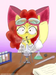 Size: 960x1280 | Tagged: safe, artist:halflingpony, derpibooru import, apple bloom, pony, atg 2017, bunsen burner, clothes, flask, goggles, lab coat, newbie artist training grounds, potion, science, scorched, signature, smoke, solo, surprised