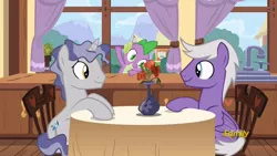 Size: 1366x768 | Tagged: safe, derpibooru import, screencap, silver script, spike, star bright, dragon, pegasus, pony, unicorn, triple threat, background pony, chair, desk, flower, looking at each other, male, ponies sitting next to each other, ponies standing next to each other, sitting, smiling, stallion, table, vase, window