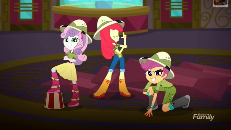 Size: 1920x1080 | Tagged: safe, derpibooru import, screencap, apple bloom, scootaloo, sweetie belle, eqg summertime shorts, equestria girls, the canterlot movie club, boots, cinema, clothes, cutie mark crusaders, jeans, pants, shoes, skirt